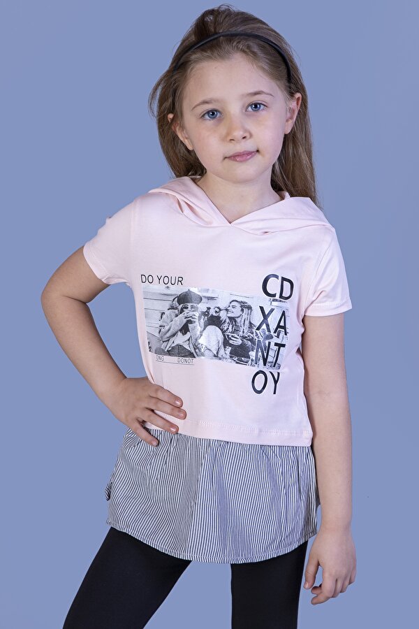 Toontoy Kız Çocuk Eteği ve Kapüşonu Garnili Tişört