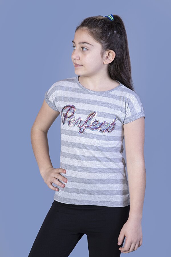 Toontoy Kız Çocuk Perfect Nakışlı Kolları İnci Detaylı Tişört