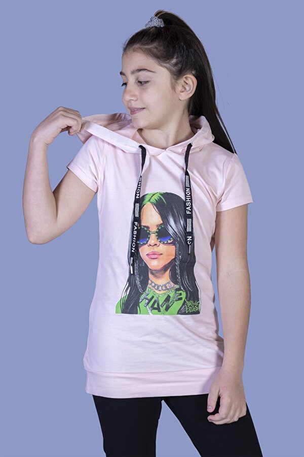 Toontoy Kız Çocuk Billie Eilish Baskılı Kapüşonlu Tişört CN8068