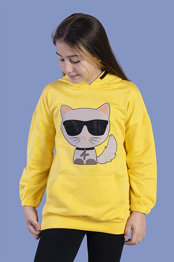 Toontoy Kız Çocuk Kedi Desenli Taş İşlemeli Kanguru Cepli Sweatshirt