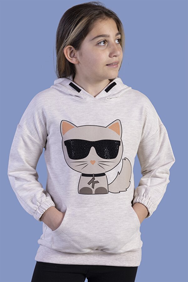 Toontoy Kız Çocuk Kedi Desenli Taş İşlemeli Kanguru Cepli Sweatshirt Toontoy Kız Çocuk Kedi Desenli Taş İşlemeli Kanguru Cepli Sweatshirt