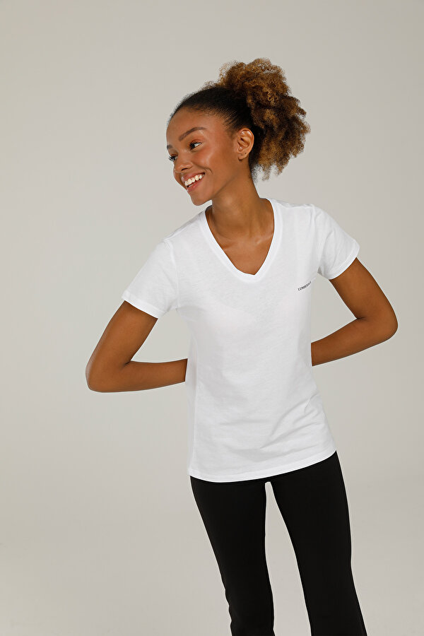 Lumberjack CT126 BASIC V NECK T-SHIR Beyaz Kadın Kısa Kol T-Shirt