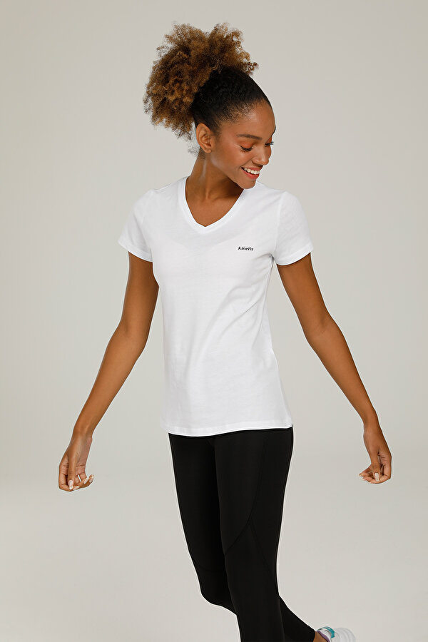 Kinetix SN227 BASIC V NECK T-SHIR Beyaz Kadın Kısa Kol T-Shirt