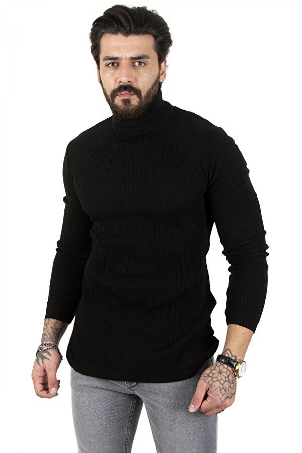 Deep Sea Erkek Siyah Balıkçı Yaka Çizgili Slim Fit Örme Kazak 2100015
