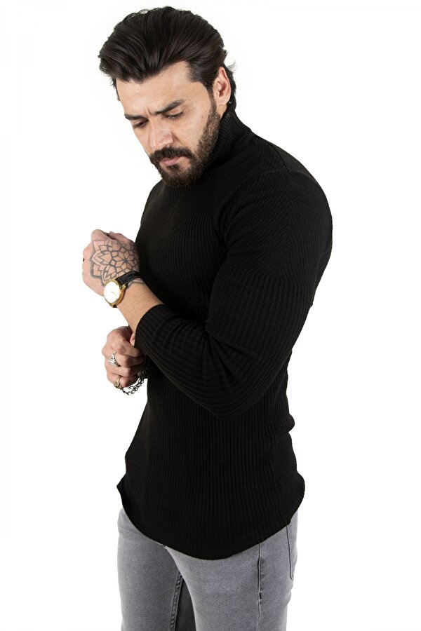 Deep Sea Erkek Siyah Balıkçı Yaka Çizgili Slim Fit Örme Kazak 2100015