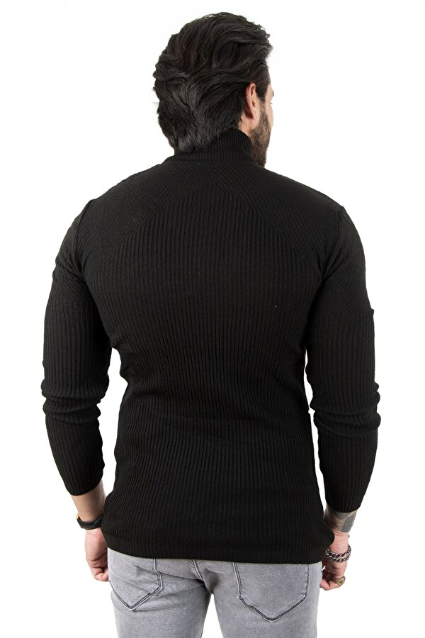 Deep Sea Erkek Siyah Balıkçı Yaka Çizgili Slim Fit Örme Kazak 2100015