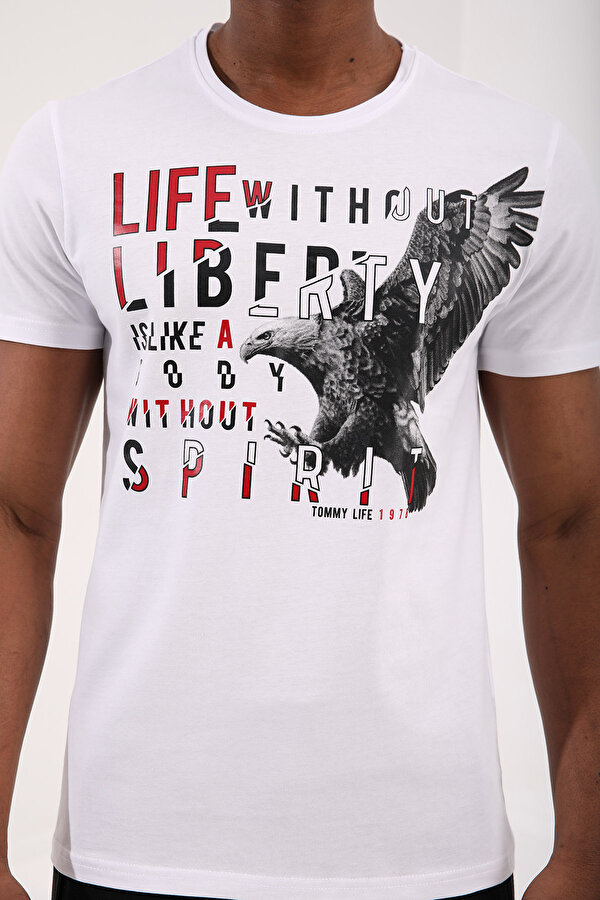 Tommy Life Beyaz Kartal Baskılı Standart Kalıp O Yaka Erkek T-Shirt - 87932
