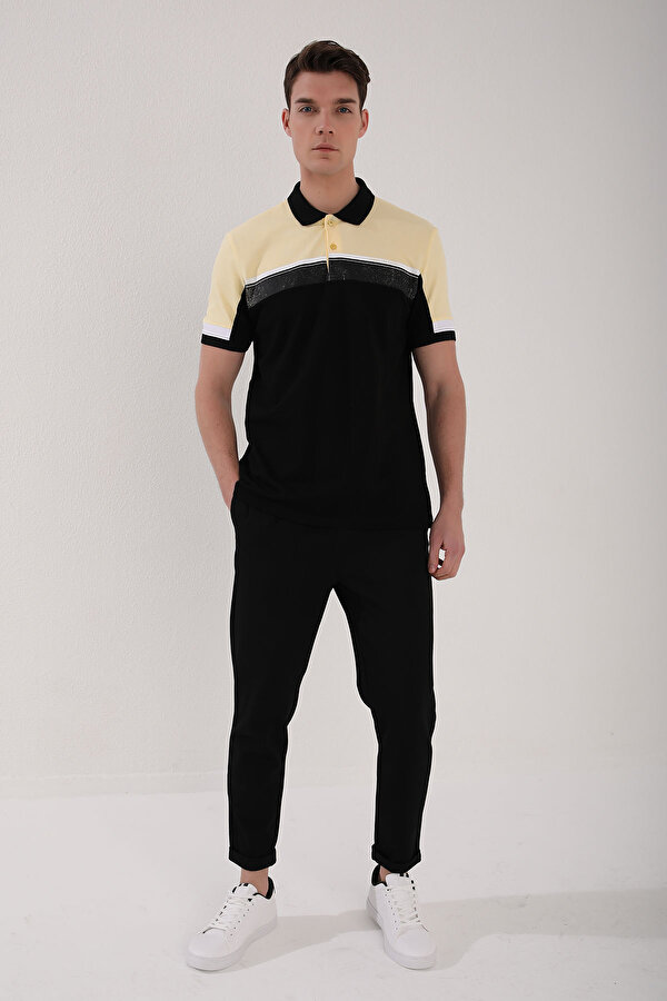 Tommy Life Sarı Renkli Baskı Şeritli Standart Kalıp Düğmeli Polo Yaka Erkek T-Shirt - 87945