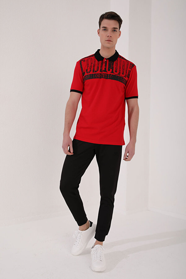 Tommy Life Kırmızı Eskitme Yazı Baskılı Standart Kalıp Polo Yaka Erkek T-Shirt - 87929