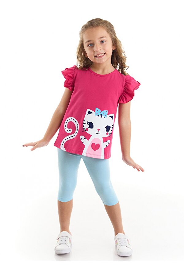 Denokids Fırfırlı Beyaz Kedicik T-shirt Tayt Takım