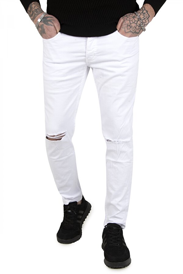 Deep Sea DeepSEA Beyaz Dizleri Yırtık Likralı Slim Fit Erkek Kot Pantolon 1902114