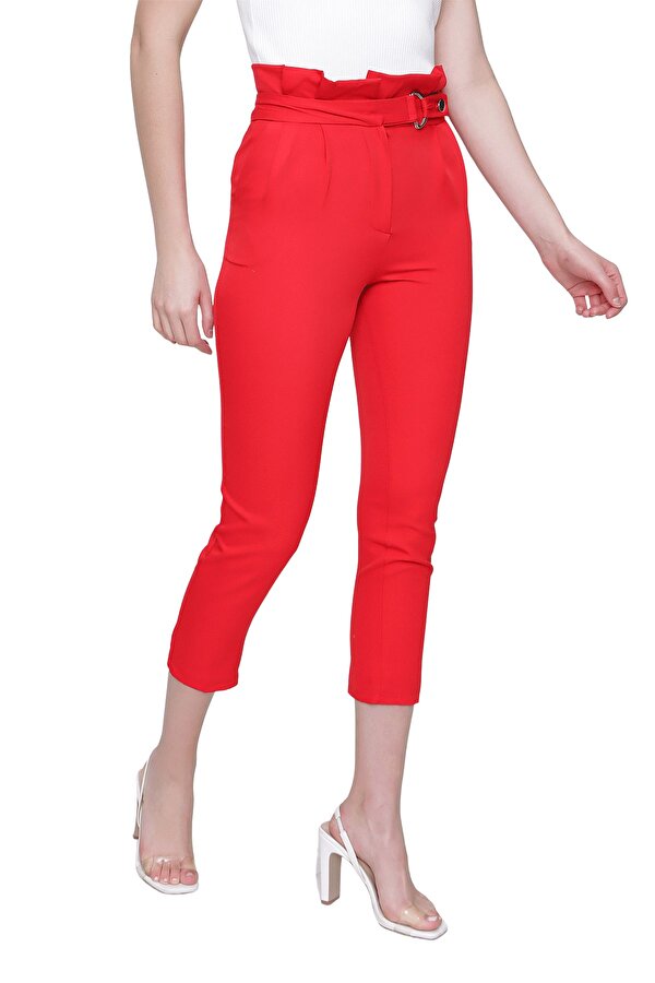 Butik Buruç Kadın Kırmızı Çift Pileli Yüksek Bel Kumaş Pantolon