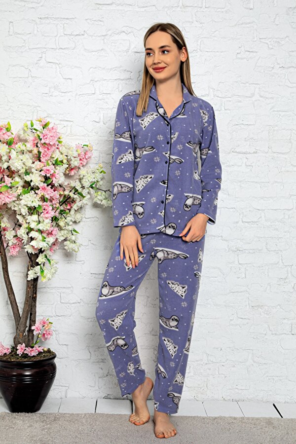 Nisanca Bayan Kışlık Welsoft Peluş İnci Polar Düğmeli Pijama Takımı 'İpeksi Doku'