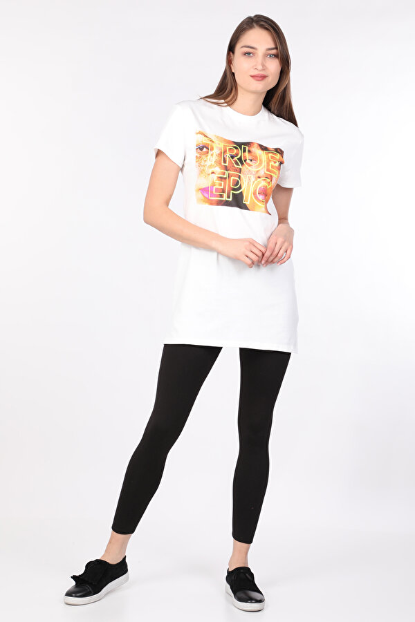 Markapia Woman Kadın Bisiklet Yaka Baskılı Uzun T-shirt Beyaz TN9173
