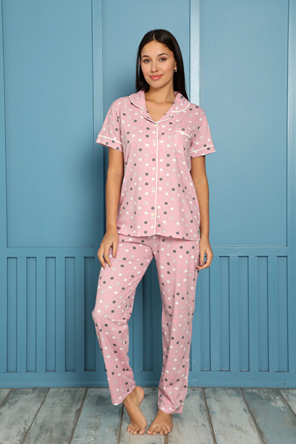 Nisanca Yazlık Pamuklu Biyeli Önden Düğmeli Kısa Kol Retro Pijama Takımı