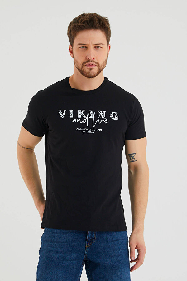 Viking Jeans Viking And Live Yazı Baskılı Bisiklet Yaka Slim Fit Tshirt