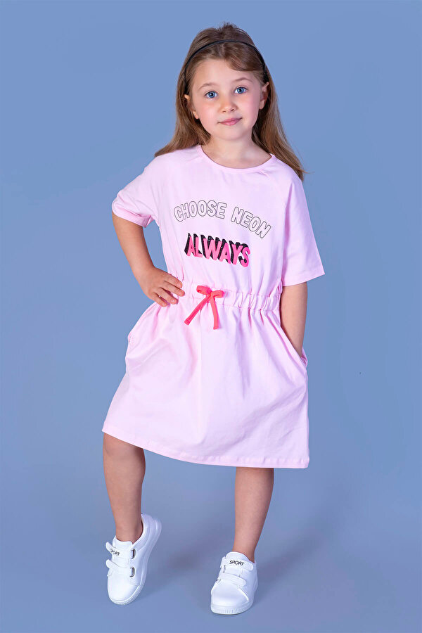 Toontoy Kız Çocuk Baskılı Taş İşlemeli Beli Lastikli İki Yanı Cepli Elbise
