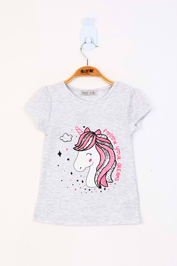 Toontoy Kız Çocuk Unicorn Baskılı Pul İşlemeli Tişört
