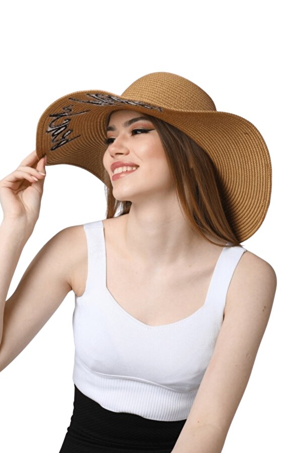 Butik Buruç Kadın Camel Yazı İşlemeli Hasır Şapka