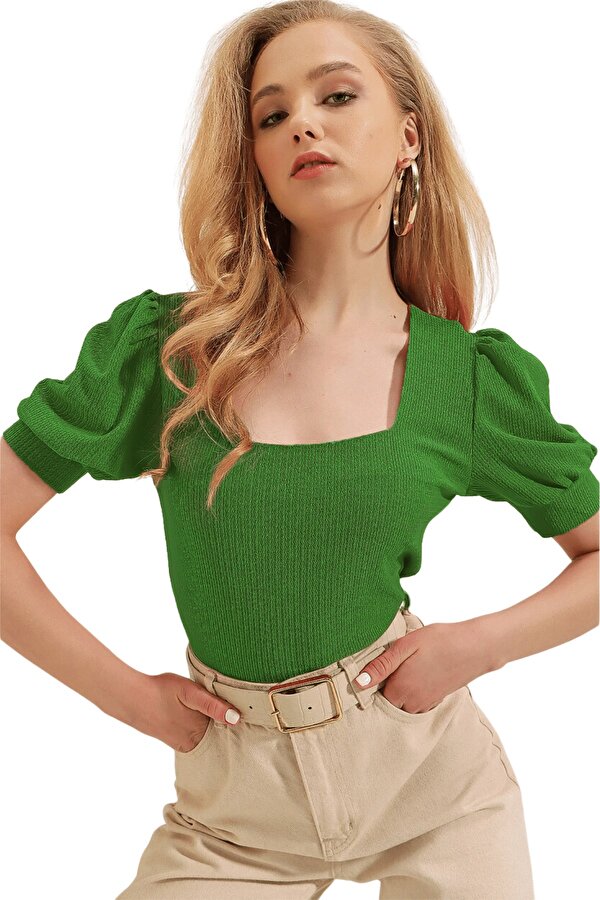 Butik Buruç Kadın Yeşil Kare Yaka Örme Bluz