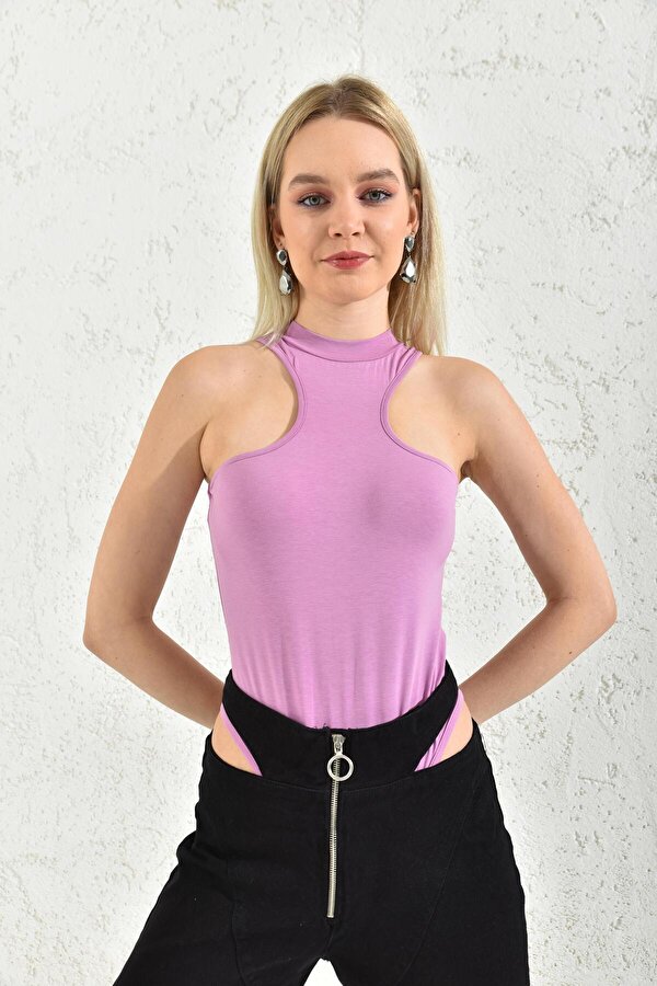 MOVİMENT Lila Balıkçı Yaka Kolsuz Çıtçıtlı Body