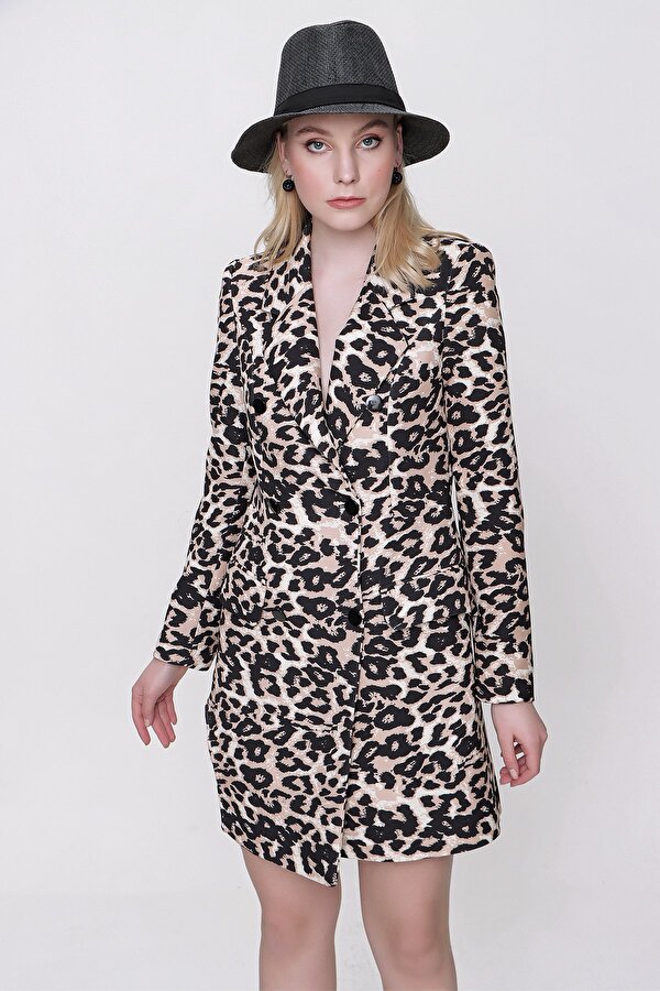 Butik Buruç Kadın Leopar Yanı Specieal Taş Tasarım Ceket Elbise RF8829