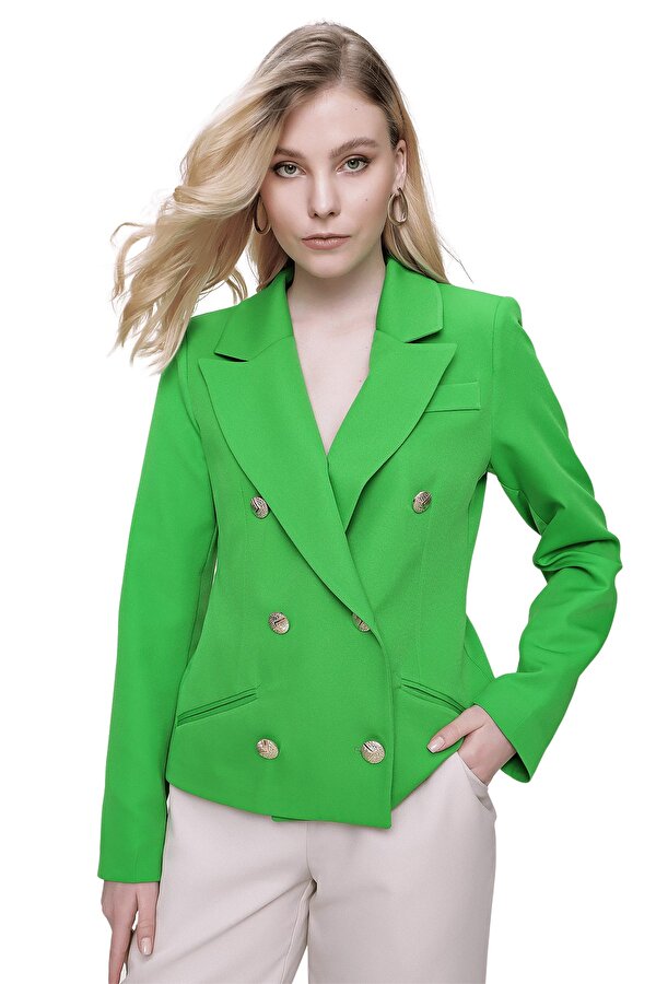 Butik Buruç Kadın Yeşil Kruvaze Yaka Gold Düğmeli Kısa Ceket
