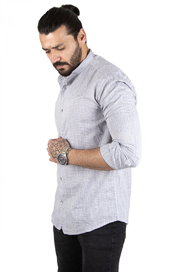 Deep Sea DeepSEA Erkek Gri Çizgili Likralı Hakim Yaka Ham Keten Uzun Kollu Gömlek 2201895