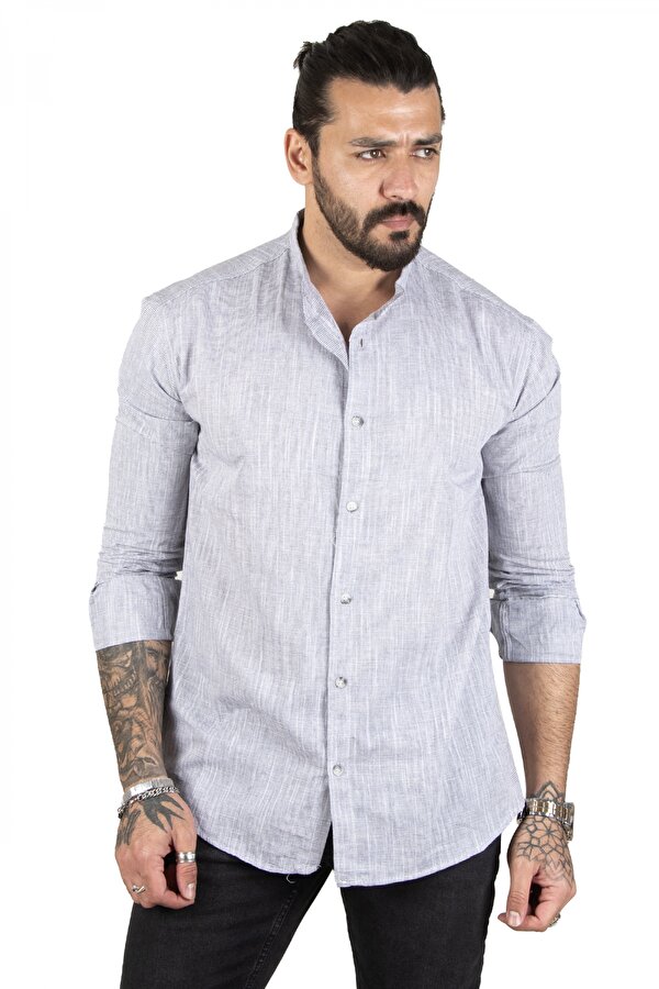 Deep Sea DeepSEA Erkek Gri Çizgili Likralı Hakim Yaka Ham Keten Uzun Kollu Gömlek 2201895