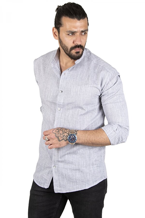 Deep Sea DeepSEA Erkek Gri Çizgili Likralı Hakim Yaka Ham Keten Uzun Kollu Gömlek 2201895