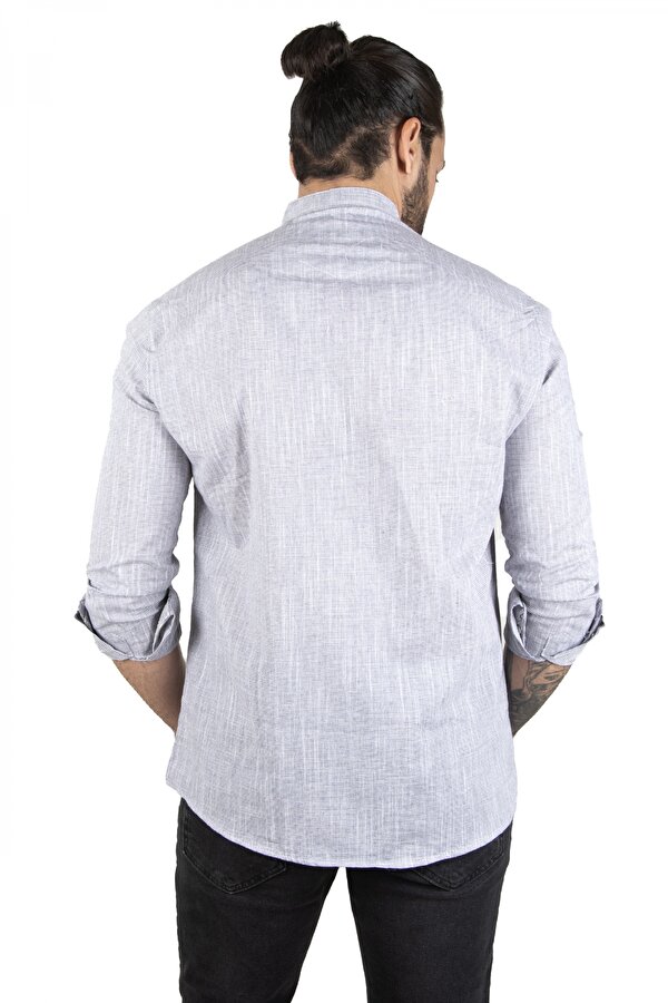 Deep Sea DeepSEA Erkek Gri Çizgili Likralı Hakim Yaka Ham Keten Uzun Kollu Gömlek 2201895