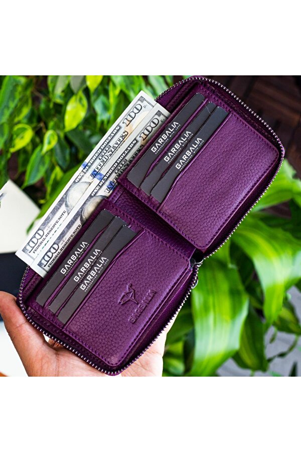 Garbalia Carole Hakiki Deri Fermuar Kilitli Unisex Cüzdan Mürdüm