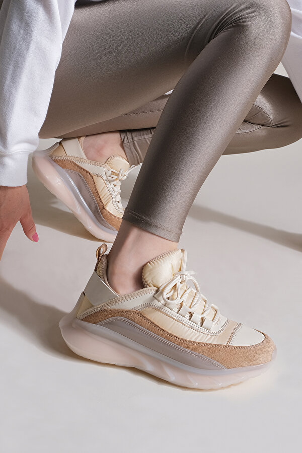 Marjin Kadın Sneaker Şeffaf Taban Bağcıklı Spor Ayakkabı Gunes Krem
