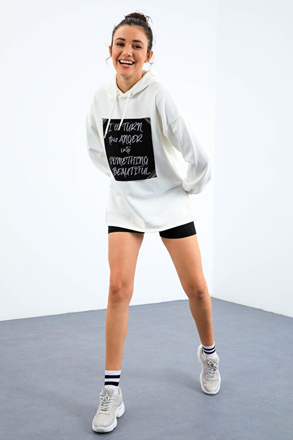 Tommy Life Ekru Yaz Dokuma Yamal Kap onlu Kad n Oversize