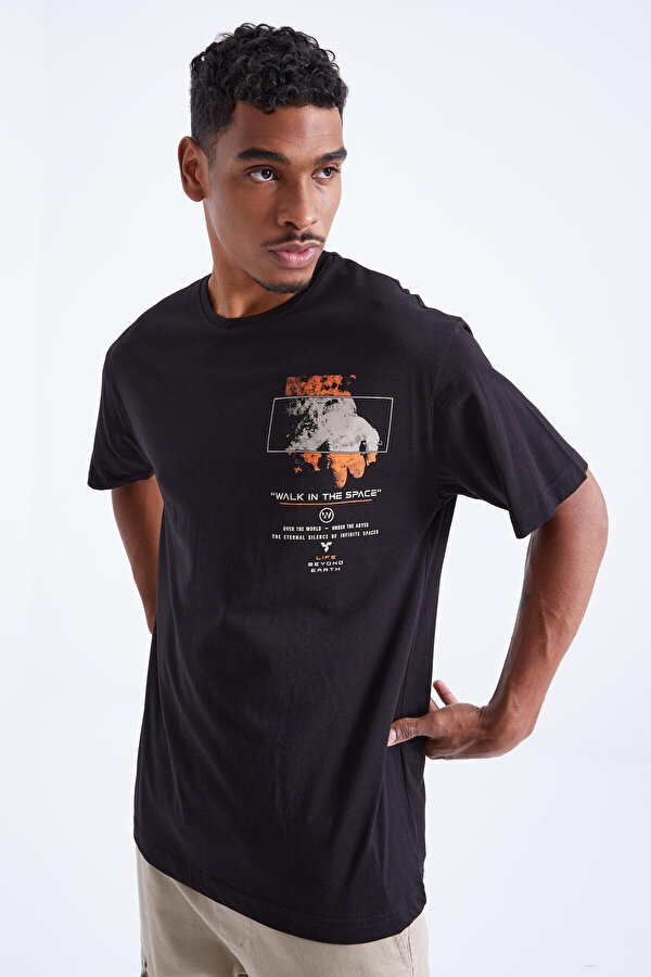 Tommy Life Siyah Baskı Detaylı O Yaka Erkek Oversize T-Shirt - 88099