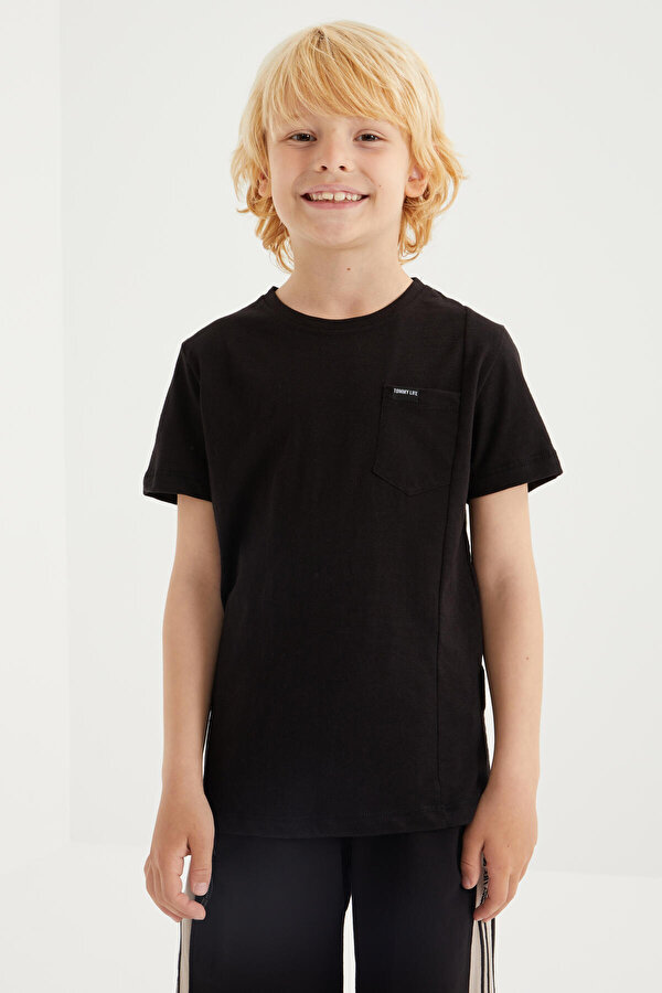 Tommy Life Siyah Cep Detaylı Basic Kısa Kol O Yaka Erkek Çocuk T-Shirt - 10857