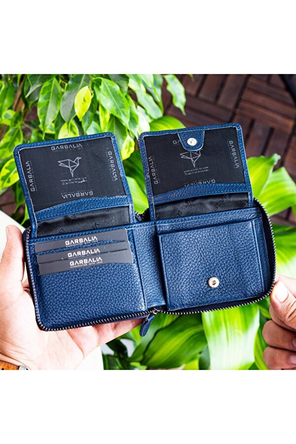 Garbalia Carole Hakiki Deri Fermuar Kilitli Unisex Cüzdan Lacivert