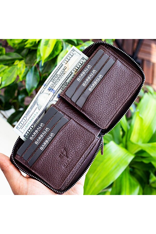 Garbalia Carole Hakiki Deri Fermuar Kilitli Unisex Cüzdan Kahverengi