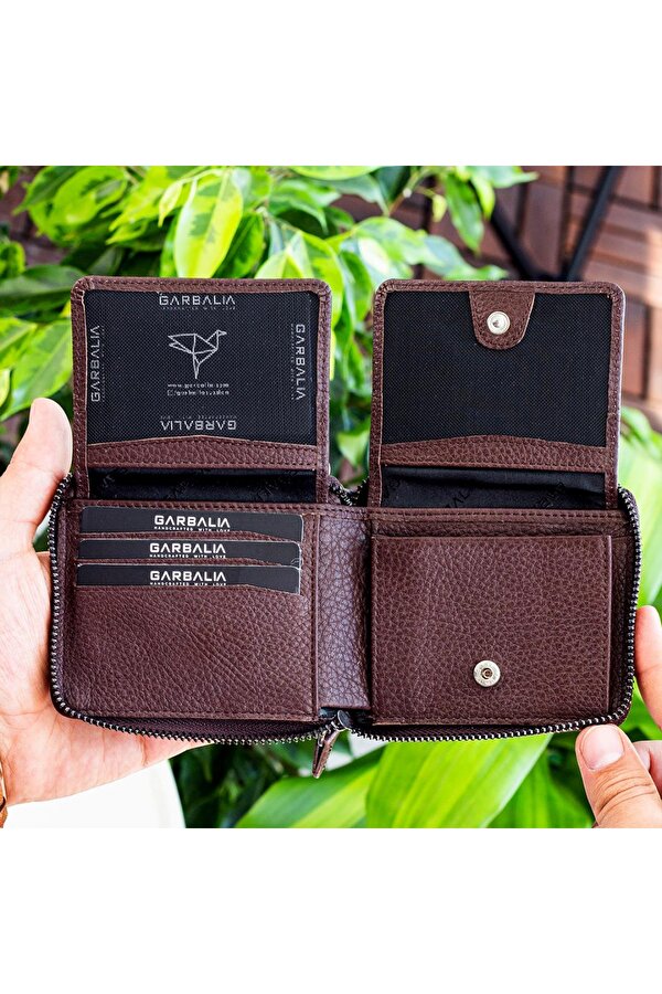 Garbalia Carole Hakiki Deri Fermuar Kilitli Unisex Cüzdan Kahverengi