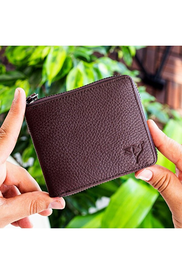 Garbalia Carole Hakiki Deri Fermuar Kilitli Unisex Cüzdan Kahverengi