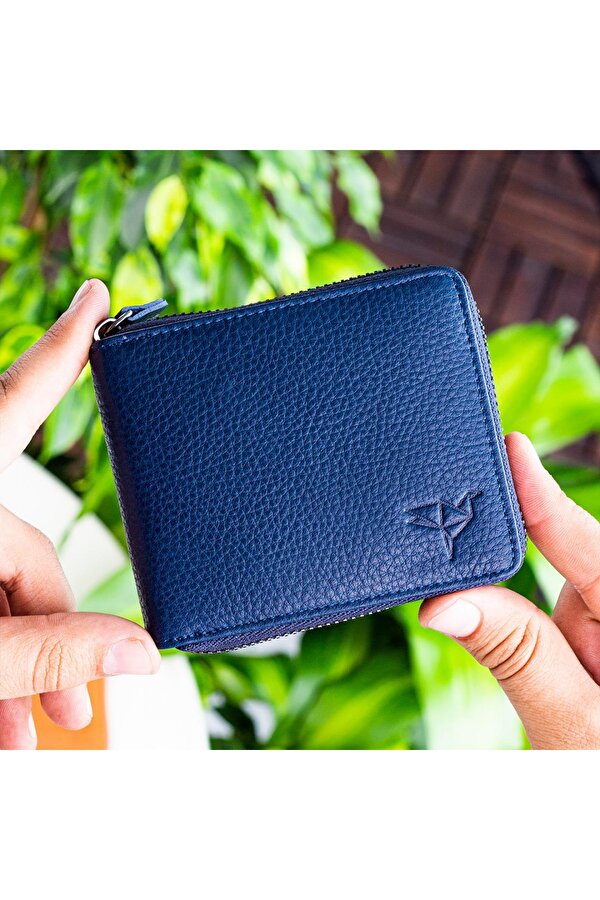 Garbalia Carole Hakiki Deri Fermuar Kilitli Unisex Cüzdan Lacivert