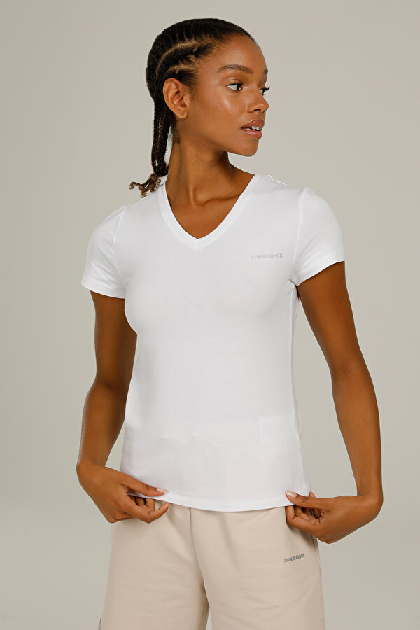 Lumberjack CT132 BASIC MODAL V NECK Beyaz Kadın Kısa Kol T-Shirt
