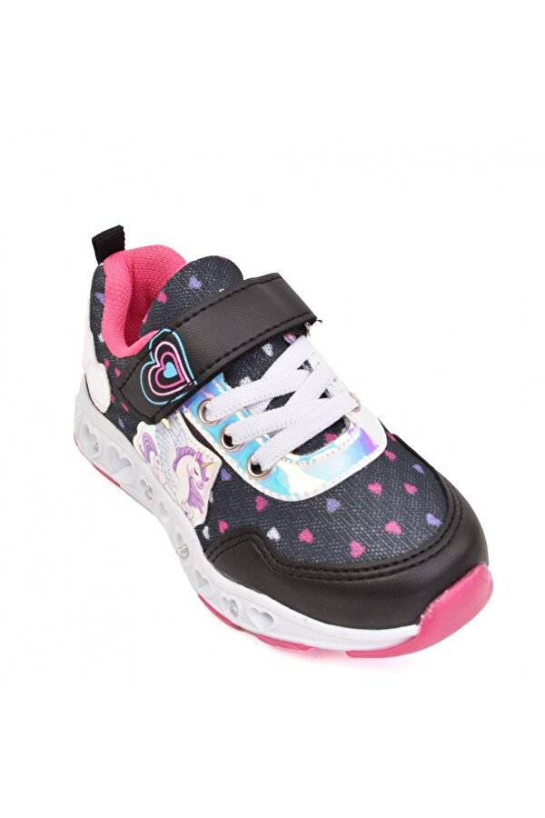 Unicorn Kız Çocuk Siyah/Pembe Rahat Esnek Anatomik Taban Işıklı Spor Ayakkabı Sneaker