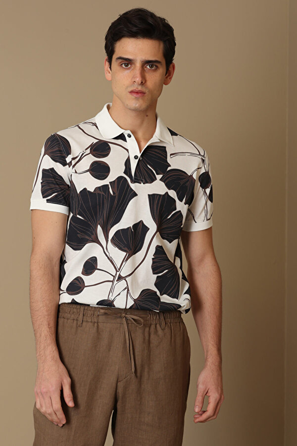 Lufian Polo Yaka Çiçekli Kırık Beyaz Erkek T-Shirt 111040093