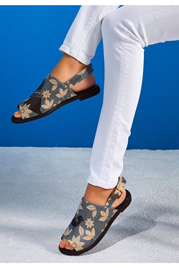 Dogo Kadın Vegan Deri Mavi Sandalet - White Flowers Tasarım Tasarım Baskılı Vegan Ürün