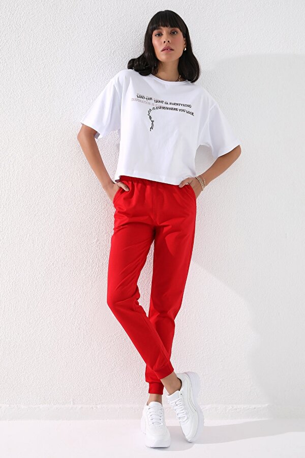 Tommy Life Kırmızı Yüksek Bel Jogger Rahat Form Manşetli Kadın Eşofman Alt - 94561