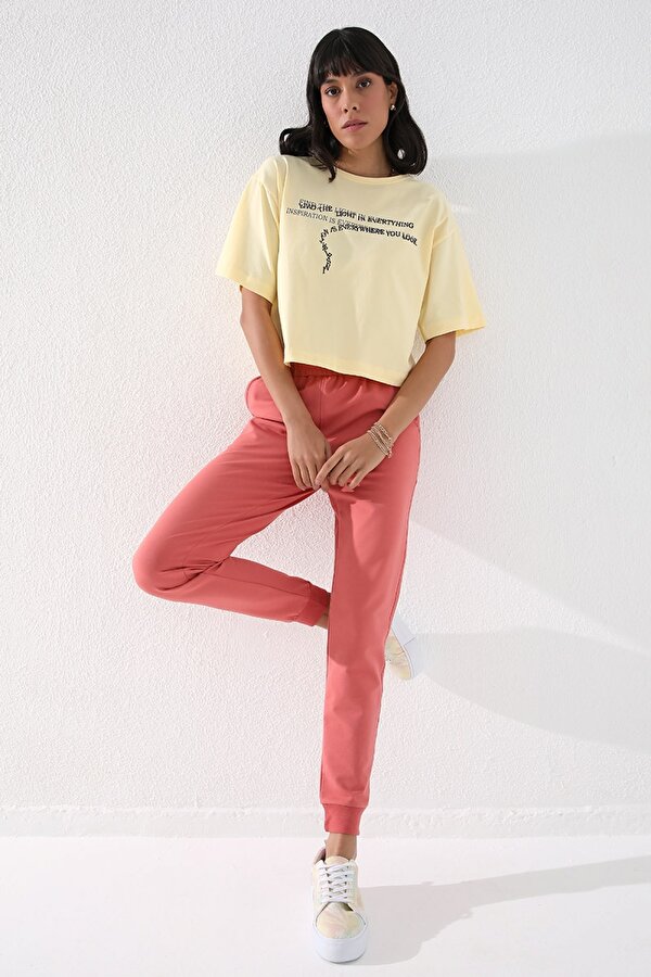 Tommy Life Pudra Yüksek Bel Jogger Rahat Form Manşetli Kadın Eşofman Alt - 94561