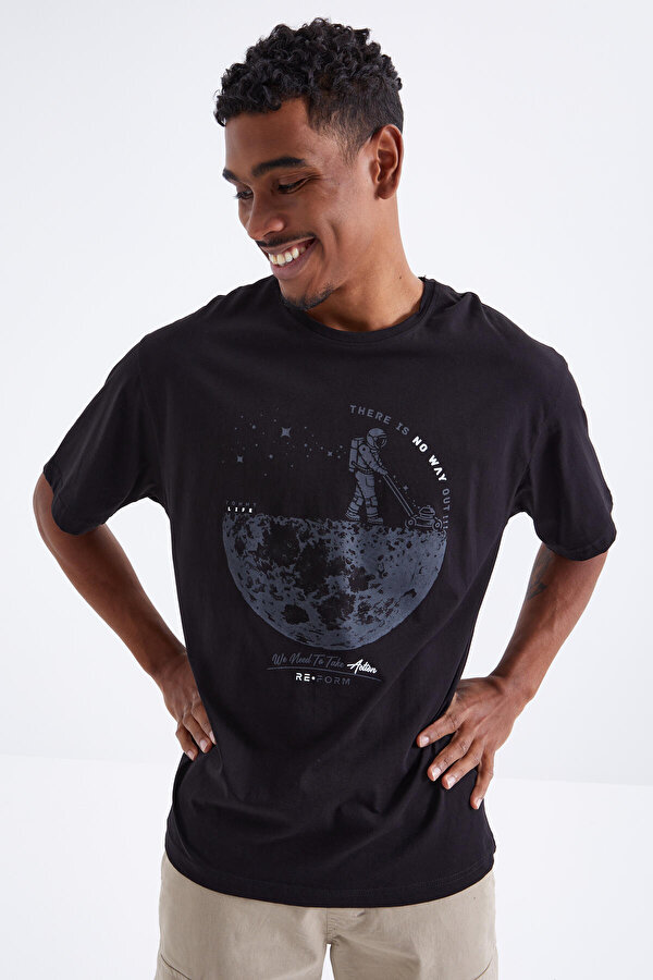 Tommy Life Siyah Baskılı O Yaka Erkek Oversize T-Shirt - 88098