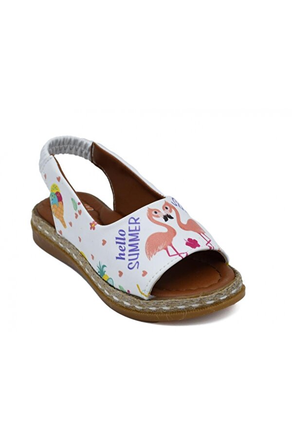 Ellaboni Kız Çocuk Flamingo Baskılı Pembe/Beyaz Sandalet Ayakkabı