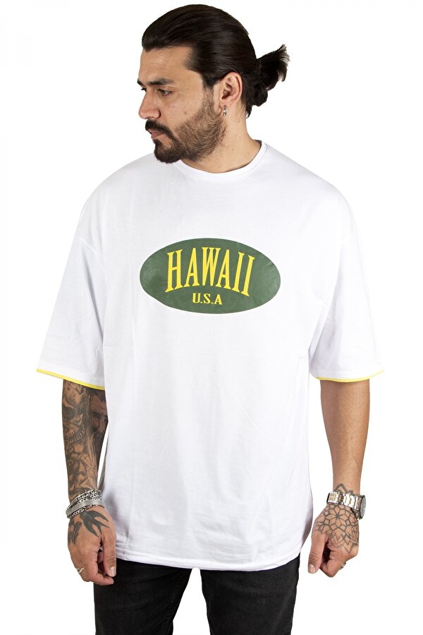 Deep Sea DeepSEA Erkek Beyaz Önü Hawaii Yazı Baskılı Oversize Tişört 2200509
